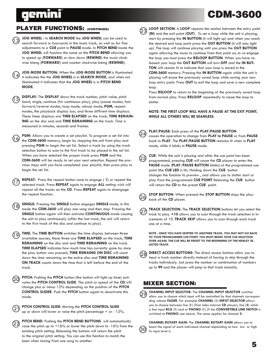 Cdm-3600, Player functions | Gemini CDM-3600 User Manual | Page 5 / 23