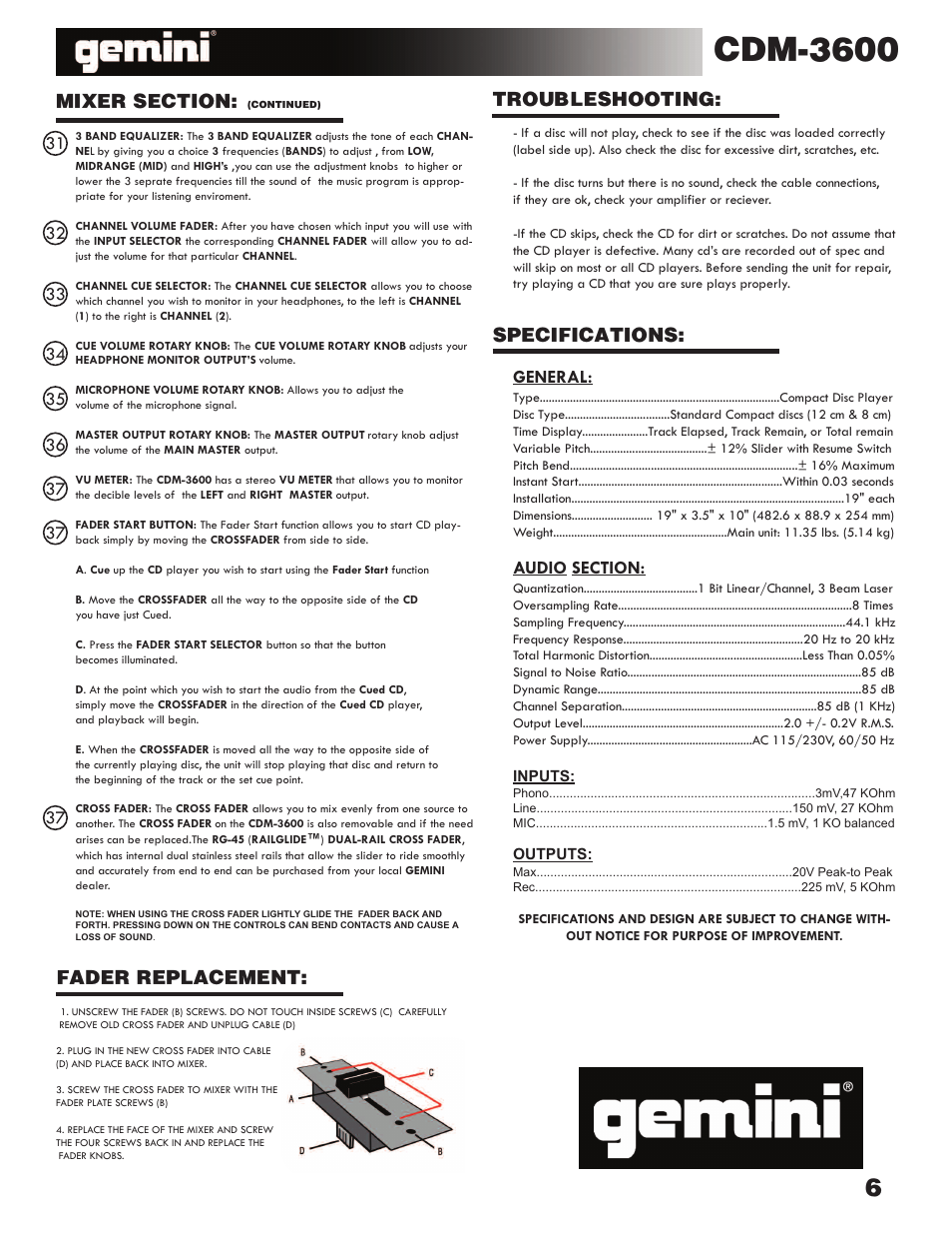 Cdm-3600, Troubleshooting, Specifications | Fader replacement, General | Gemini CDM-3600 User Manual | Page 6 / 23