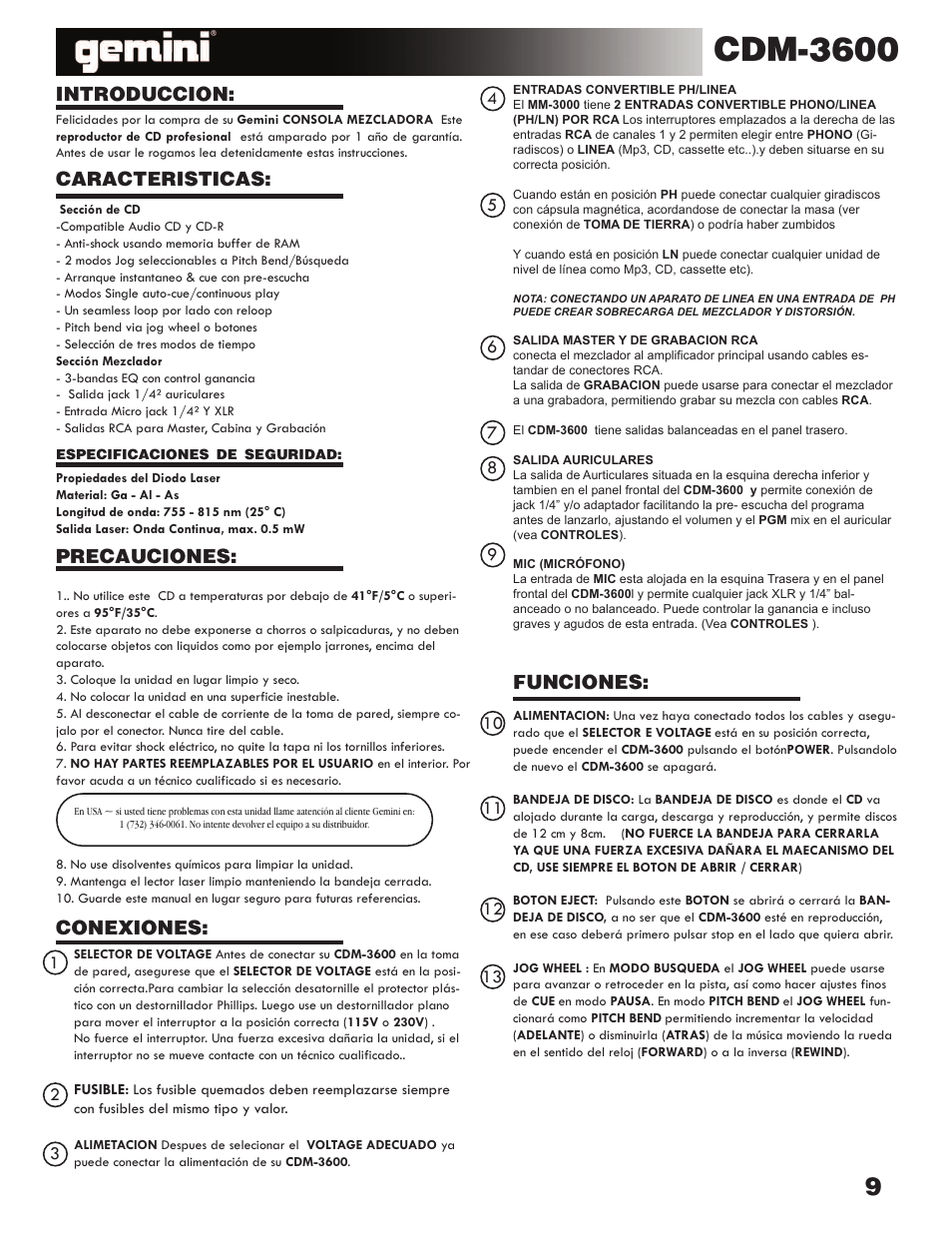 Cdm-3600, Introduccion: caracteristicas, Conexiones: funciones: precauciones | Gemini CDM-3600 User Manual | Page 9 / 23