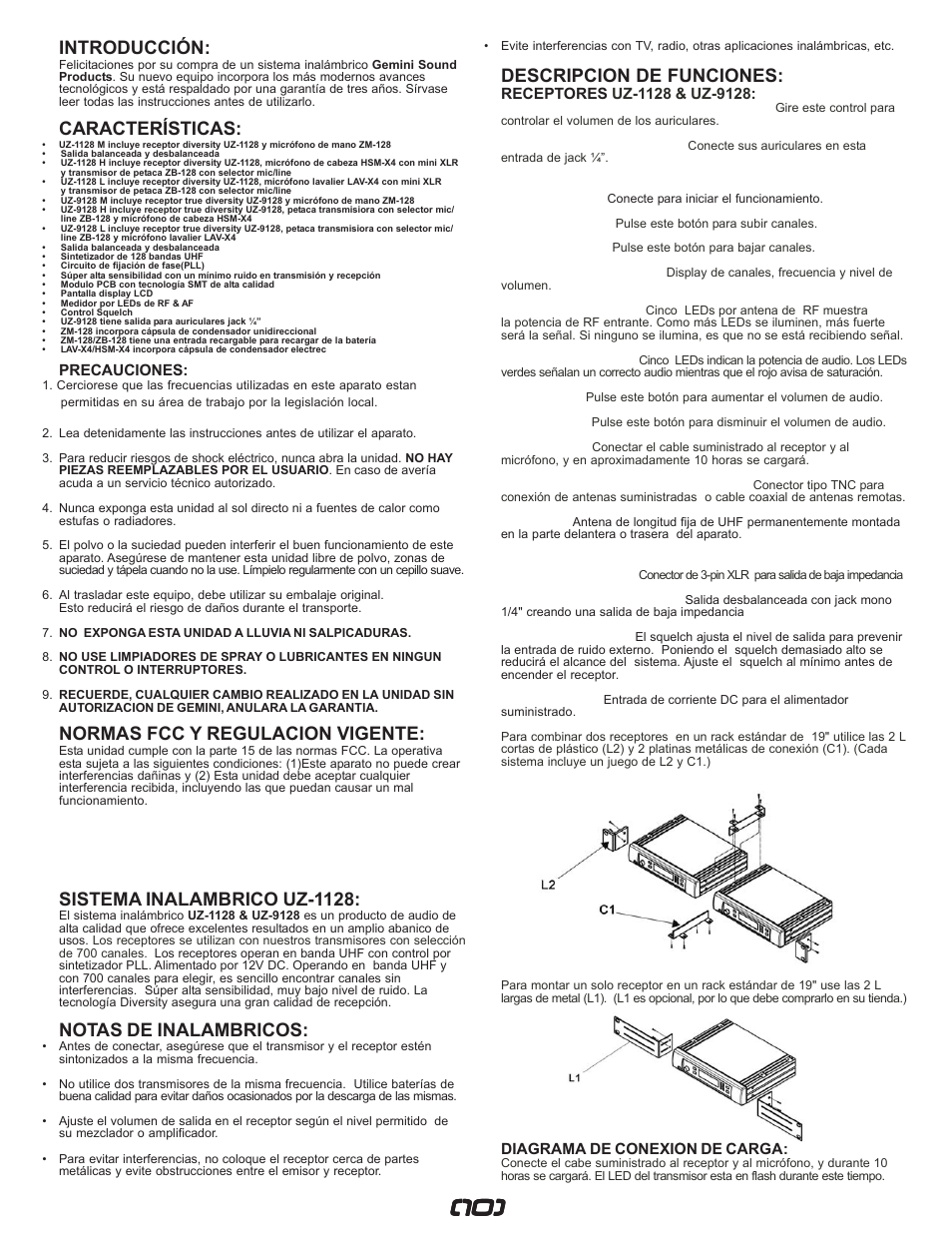 Introducción, Características, Normas fcc y regulacion vigente | Sistema inalambrico uz-1128, Notas de inalambricos, Descripcion de funciones | Gemini UZ-1128 User Manual | Page 10 / 16
