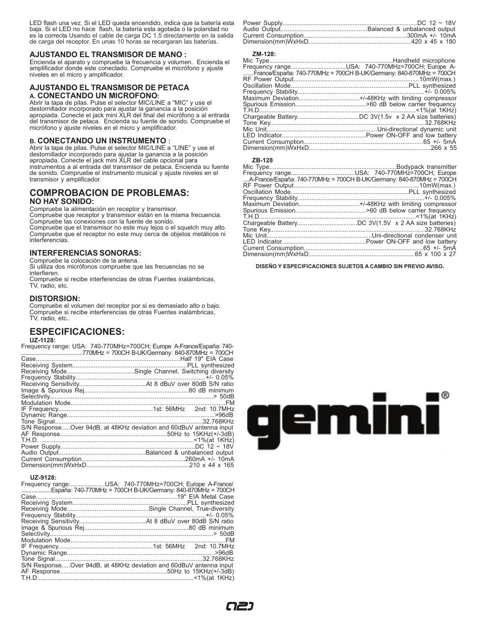 Comprobacion de problemas, Especificaciones | Gemini UZ-1128 User Manual | Page 12 / 16