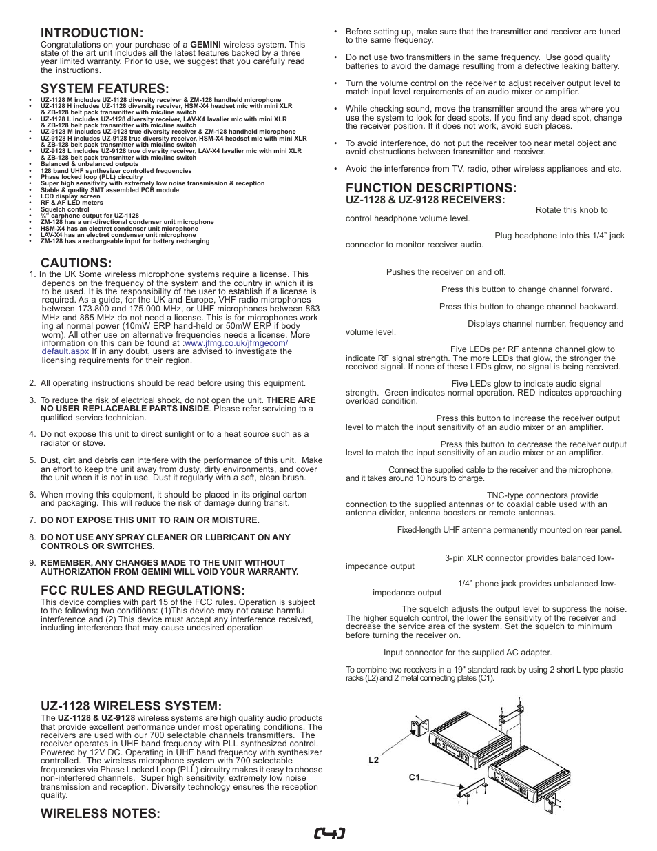 Function descriptions, Introduction, System features | Cautions, Fcc rules and regulations, Uz-1128 wireless system | Gemini UZ-1128 User Manual | Page 4 / 16