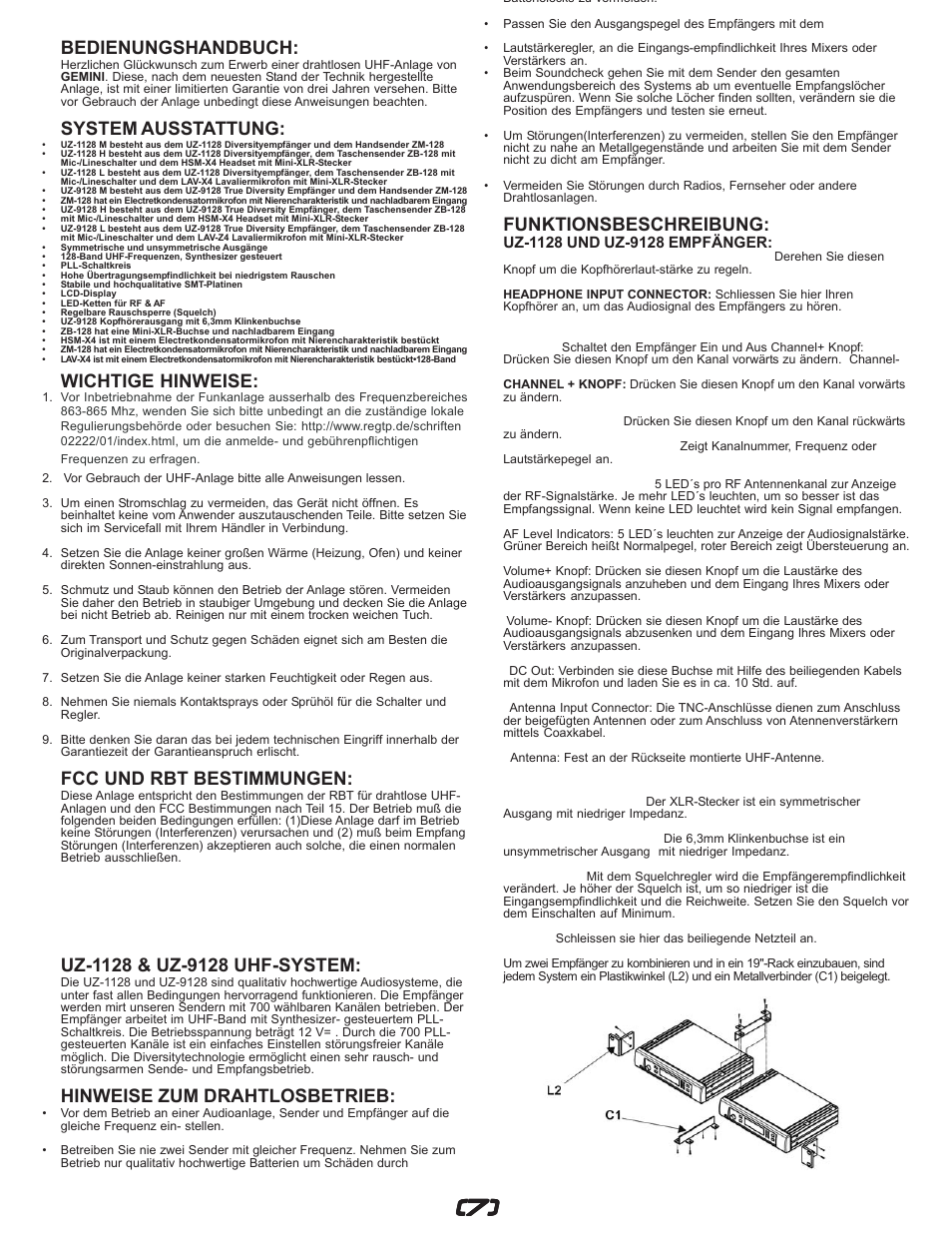 Bedienungshandbuch, System ausstattung, Wichtige hinweise | Fcc und rbt bestimmungen, Hinweise zum drahtlosbetrieb, Funktionsbeschreibung | Gemini UZ-1128 User Manual | Page 7 / 16