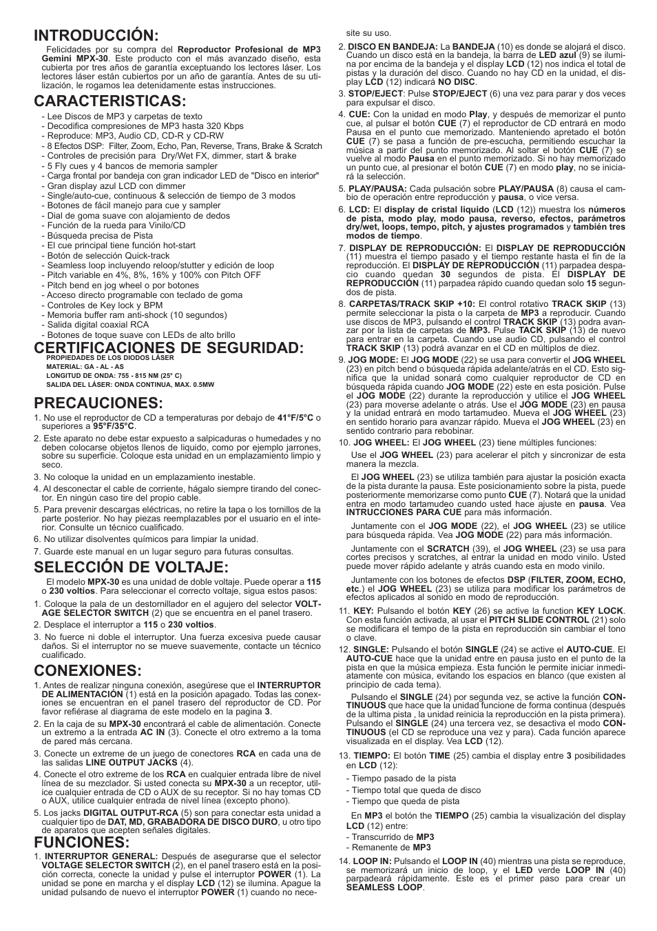 Introducción, Caracteristicas, Certificaciones de seguridad | Precauciones, Selección de voltaje, Conexiones, Funciones | Gemini MPX-30 User Manual | Page 10 / 16
