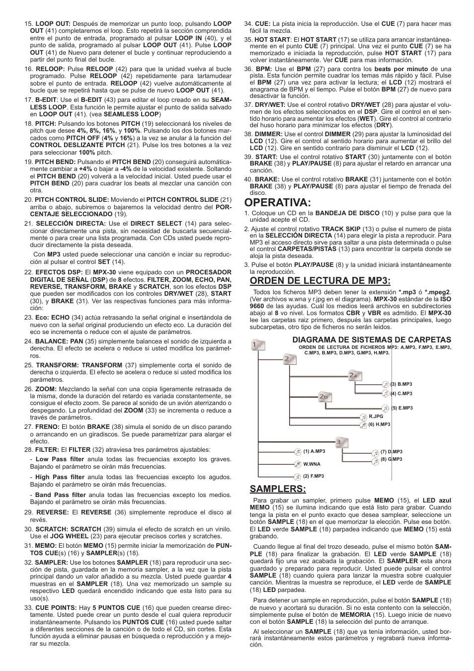 Operativa, Orden de lectura de mp3, Samplers | Diagrama de sistemas de carpetas | Gemini MPX-30 User Manual | Page 11 / 16