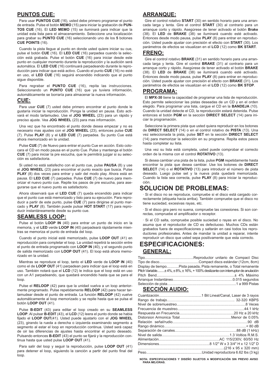Solucion de problemas, Especificaciones, Puntos cue | Seamless loop, Arranque, Freno, Programa, General, Sección audio | Gemini MPX-30 User Manual | Page 12 / 16