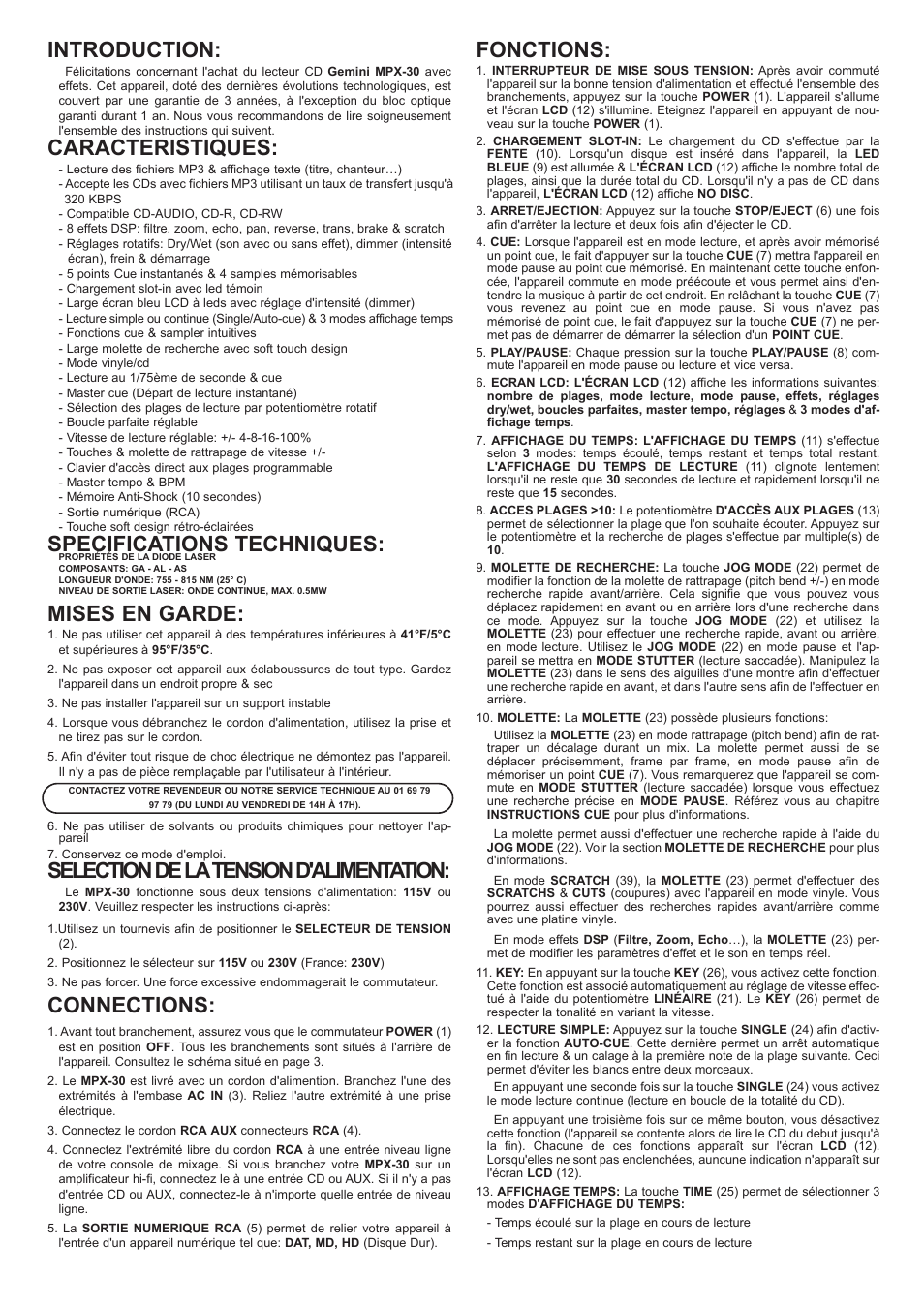 Introduction, Caracteristiques, Specifications techniques | Mises en garde, Selection de latension d'alimentation, Connections, Fonctions | Gemini MPX-30 User Manual | Page 13 / 16