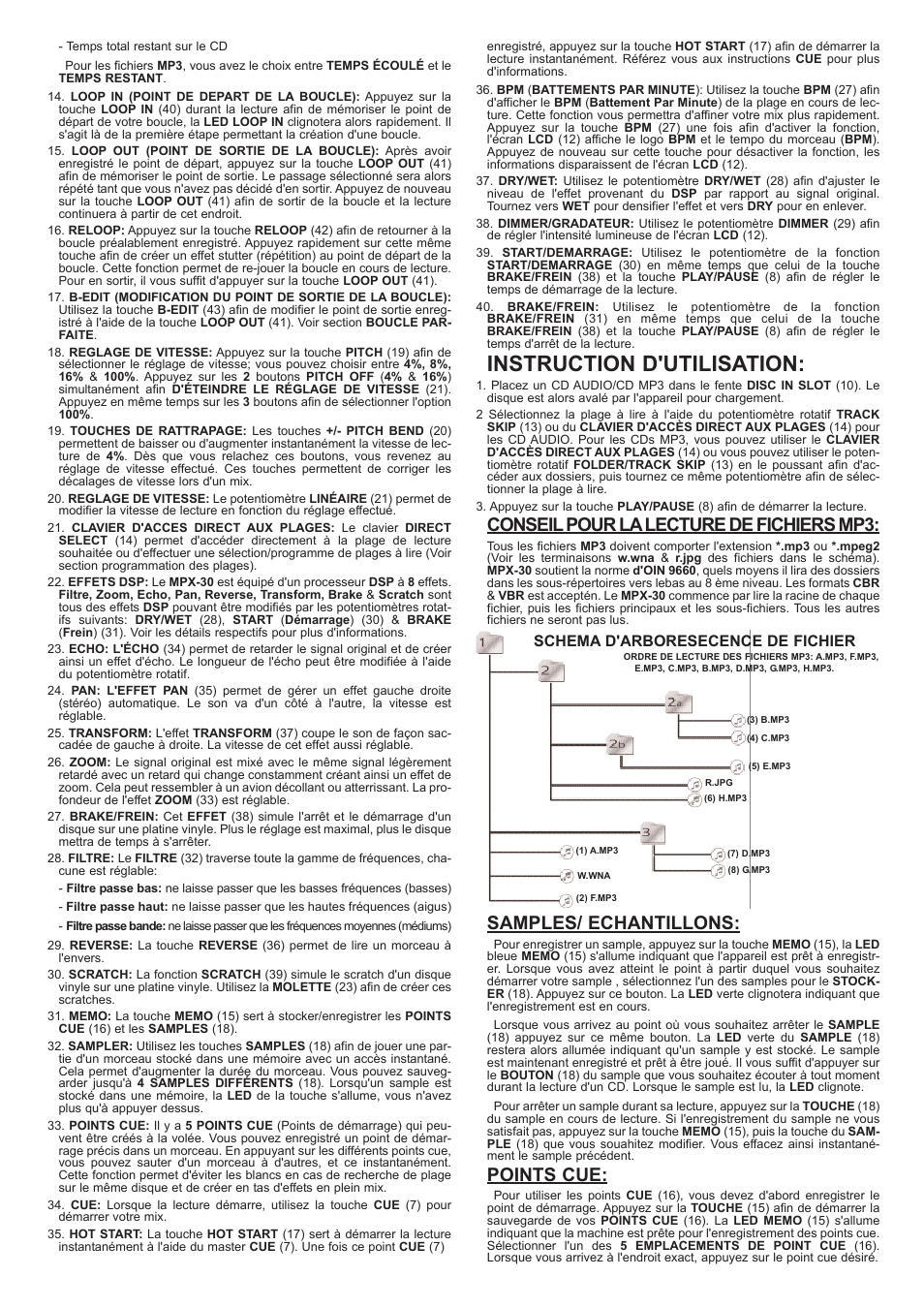 Instruction d'utilisation, Conseil pour lalecture de fichiers mp3, Samples/ echantillons | Points cue, Schema d'arboresecence de fichier | Gemini MPX-30 User Manual | Page 14 / 16