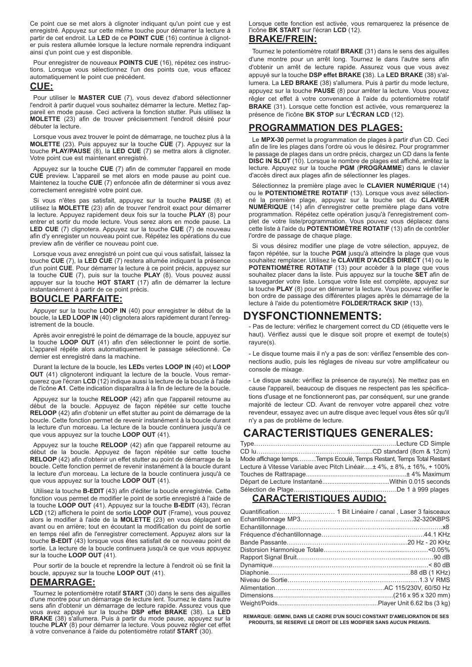 Dysfonctionnements, Caracteristiques generales, Boucle parfaite | Demarrage, Brake/frein, Programmation des plages, Caracteristiques audio | Gemini MPX-30 User Manual | Page 15 / 16