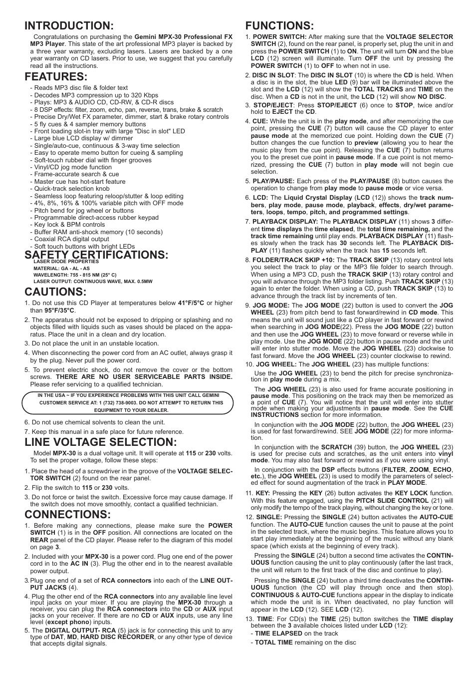 Introduction, Features, Safety certifications | Cautions, Line voltage selection, Connections, Functions | Gemini MPX-30 User Manual | Page 4 / 16