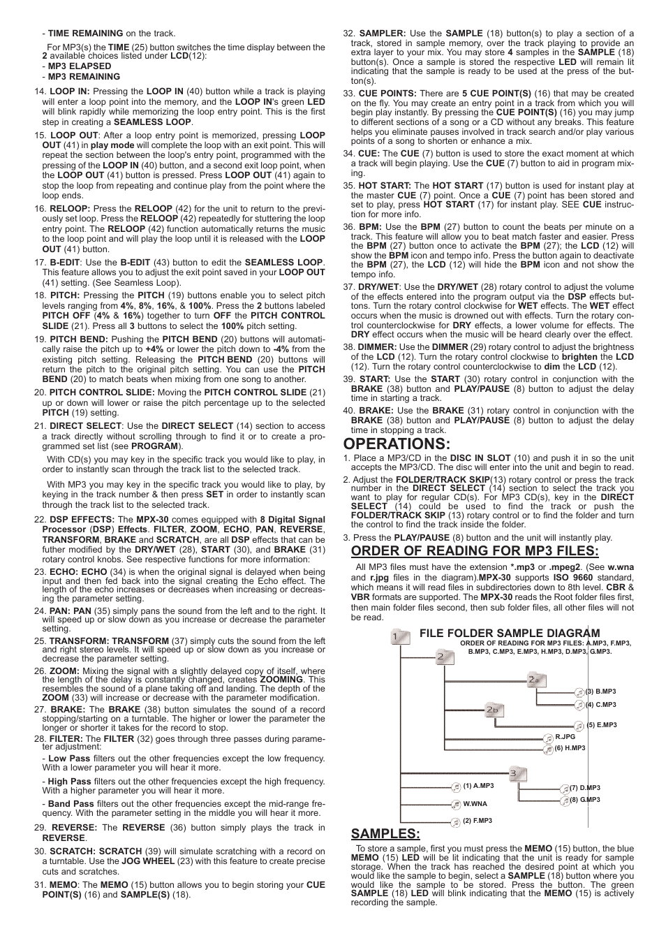 Operations, Order of reading for mp3 files, Samples | File folder sample diagram | Gemini MPX-30 User Manual | Page 5 / 16