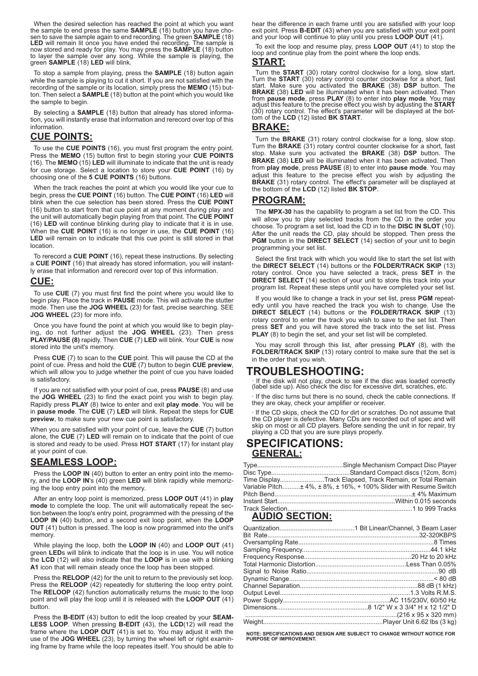 Troubleshooting, Specifications, Cue points | Seamless loop, Start, Brake, Program, General | Gemini MPX-30 User Manual | Page 6 / 16