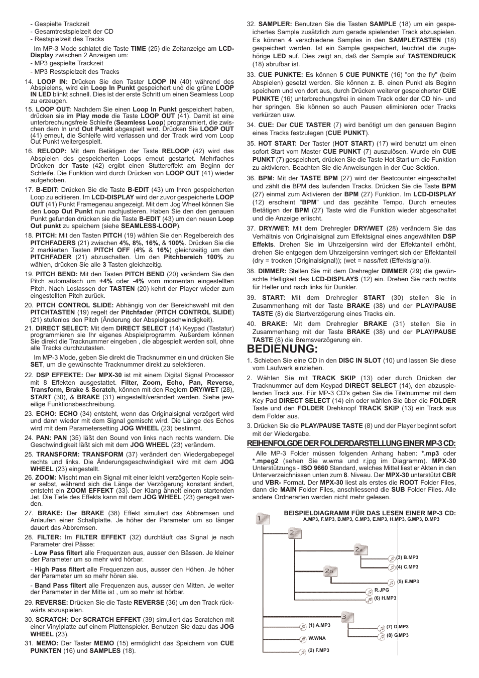 Bedienung, Reihenfolgde der folderdarstellung einer mp-3 cd | Gemini MPX-30 User Manual | Page 8 / 16