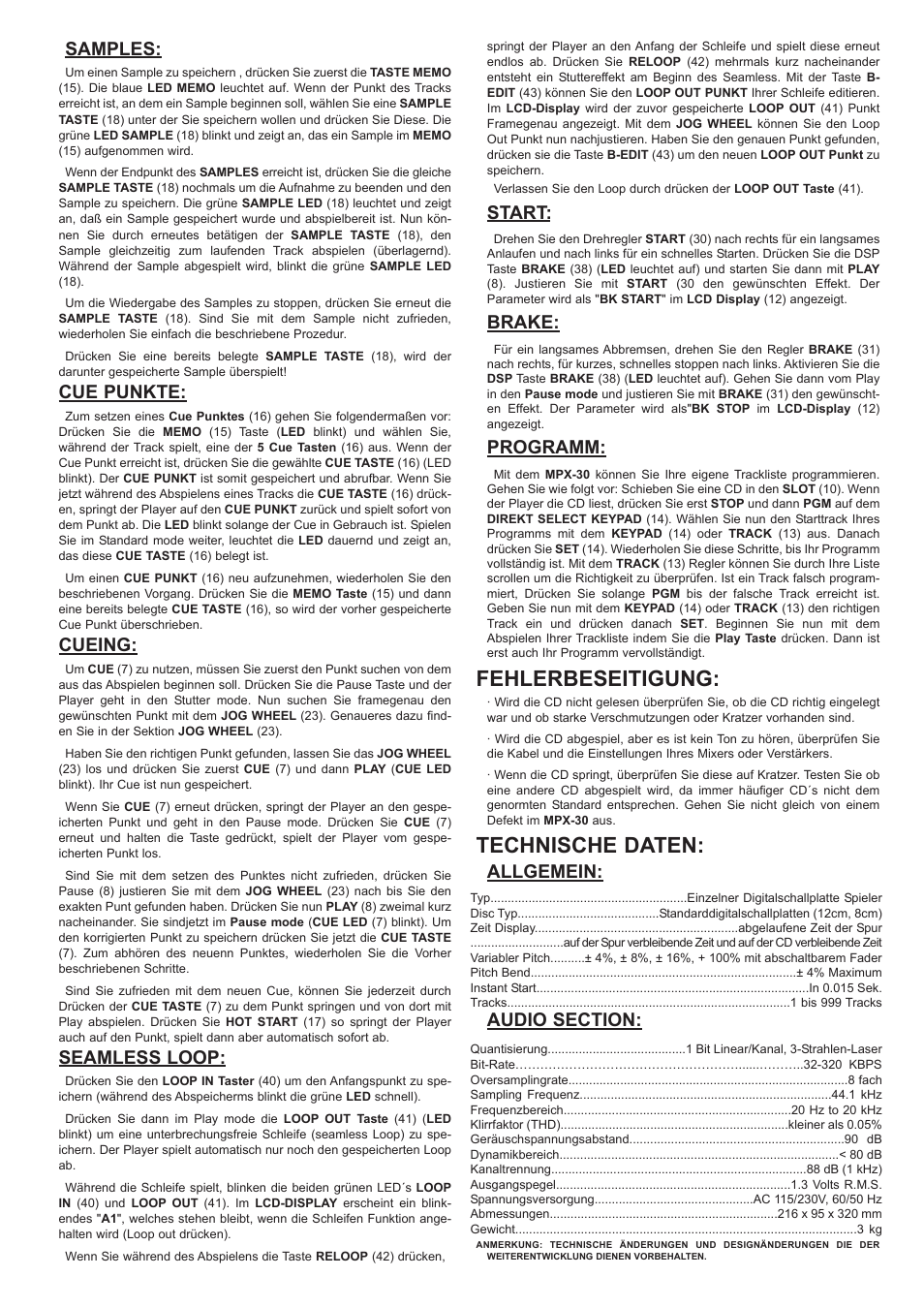 Fehlerbeseitigung, Technische daten, Samples | Cue punkte, Cueing, Seamless loop, Start, Brake, Programm, Allgemein | Gemini MPX-30 User Manual | Page 9 / 16