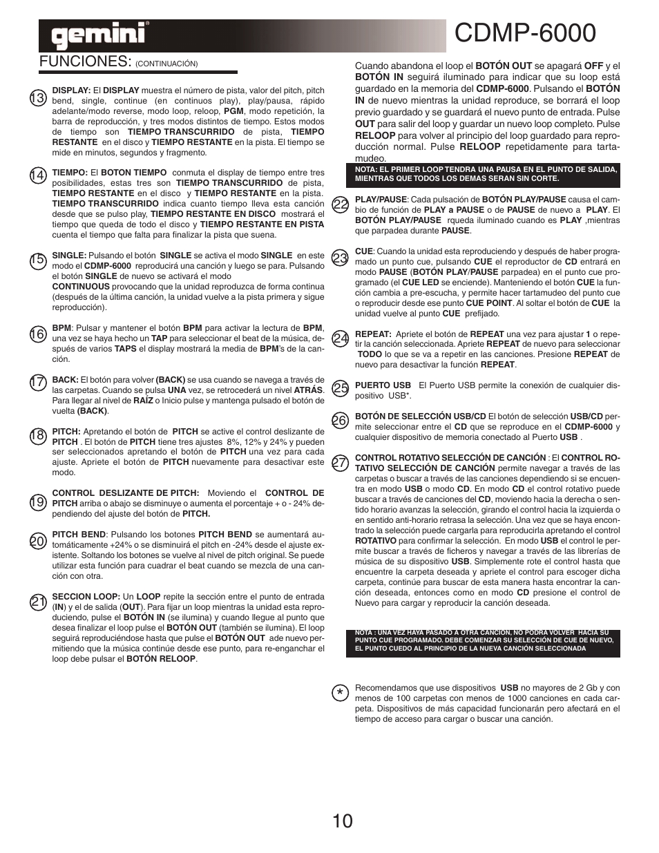 Cdmp-6000, Funciones | Gemini TABLE TOP SYSTEM CDMP-6000 User Manual | Page 10 / 22