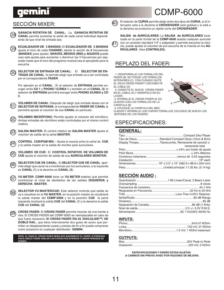 Cdmp-6000, Replazo del fader: especificaciones, Sección mixer | General, Sección audio | Gemini TABLE TOP SYSTEM CDMP-6000 User Manual | Page 11 / 22