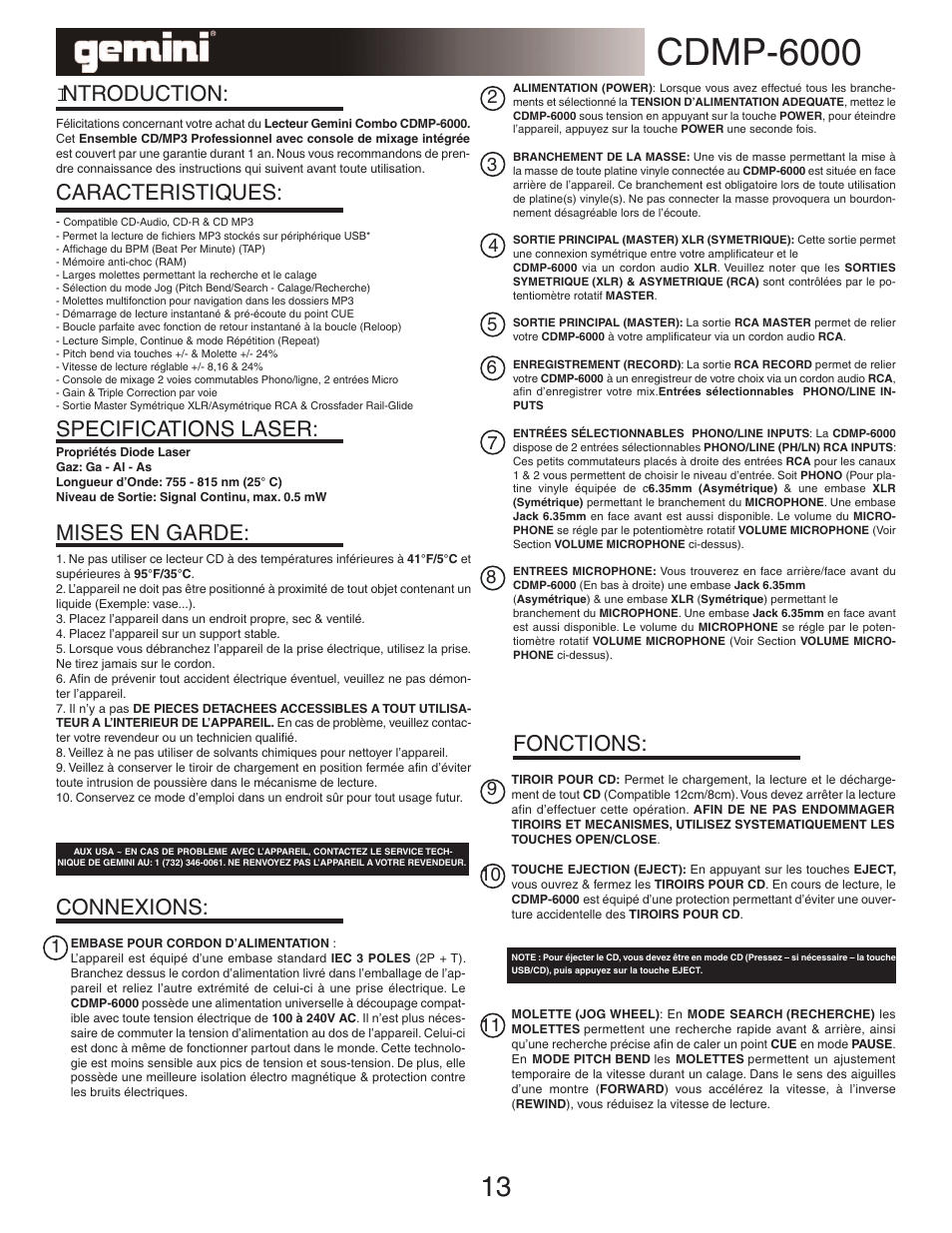 Cdmp-6000, Introduction, Caracteristiques: specifications laser: connexions | Fonctions, Mises en garde | Gemini TABLE TOP SYSTEM CDMP-6000 User Manual | Page 13 / 22