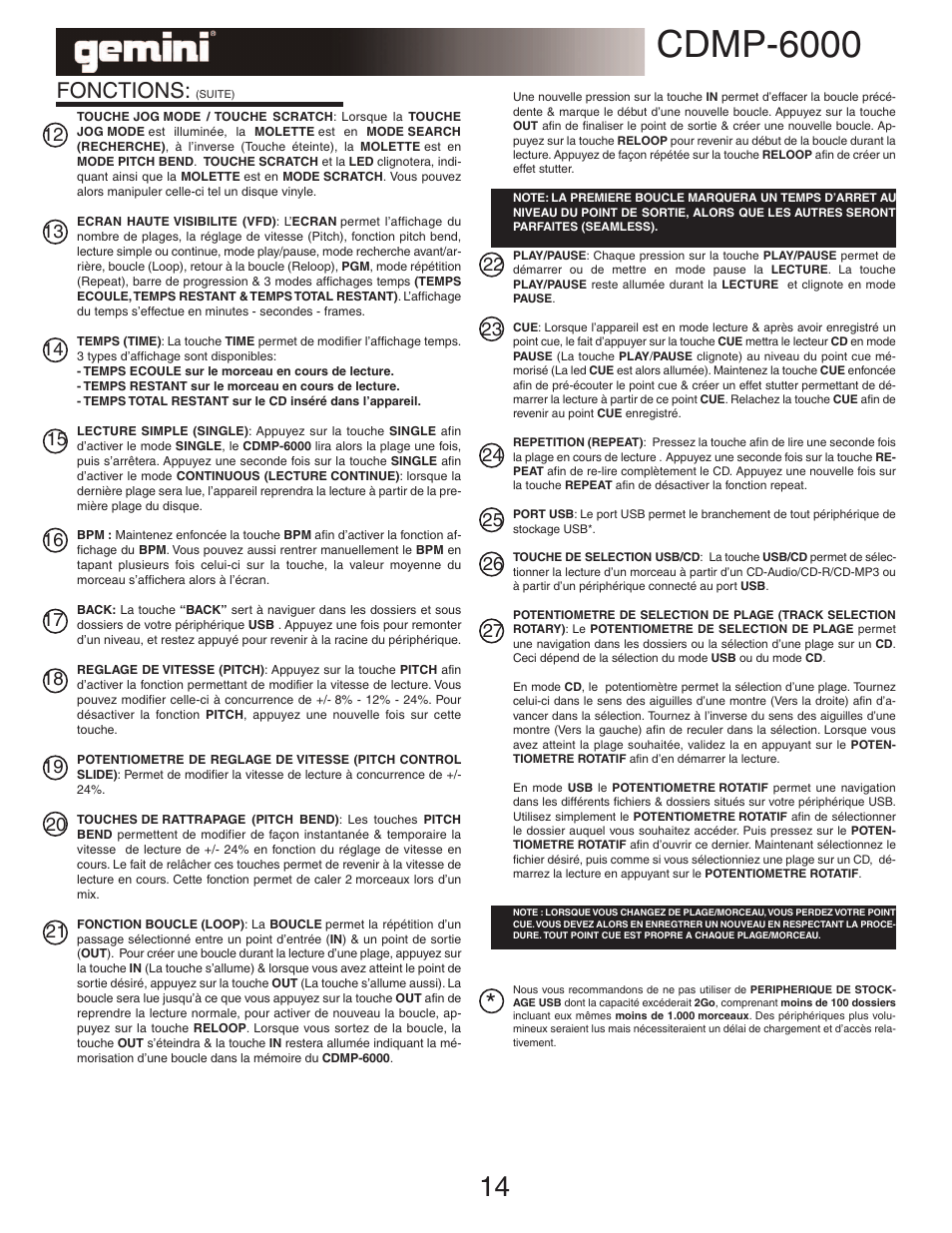 Cdmp-6000, Fonctions | Gemini TABLE TOP SYSTEM CDMP-6000 User Manual | Page 14 / 22