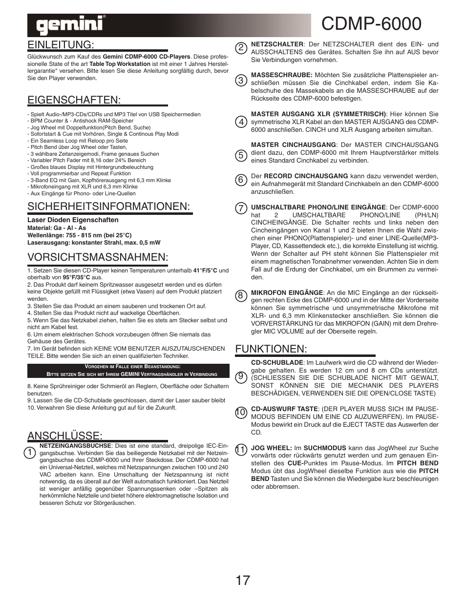 Cdmp-6000, Einleitung, Funktionen | Gemini TABLE TOP SYSTEM CDMP-6000 User Manual | Page 17 / 22