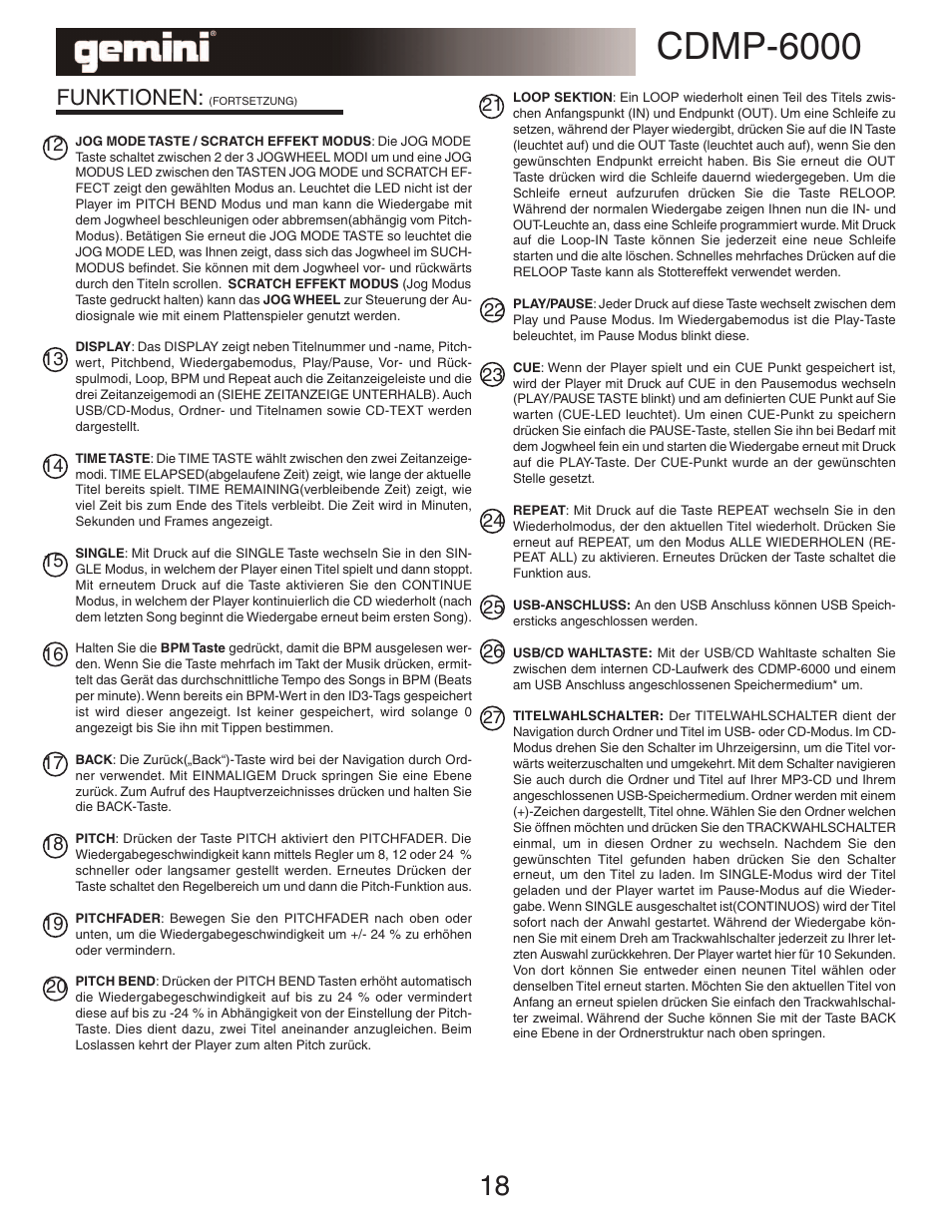 Cdmp-6000, Funktionen | Gemini TABLE TOP SYSTEM CDMP-6000 User Manual | Page 18 / 22