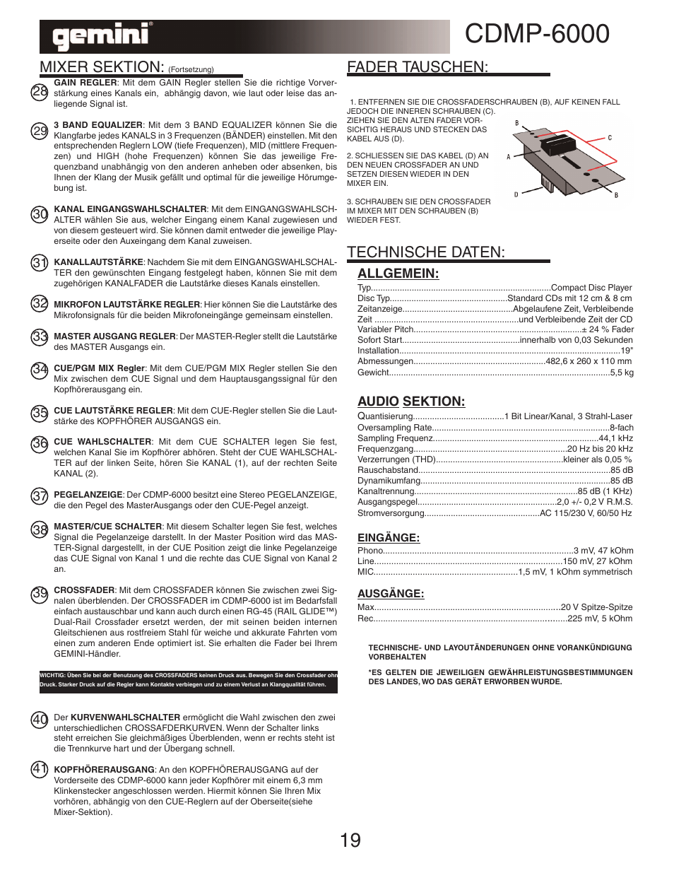 Cdmp-6000, Mixer sektion, Fader tauschen | Technische daten | Gemini TABLE TOP SYSTEM CDMP-6000 User Manual | Page 19 / 22