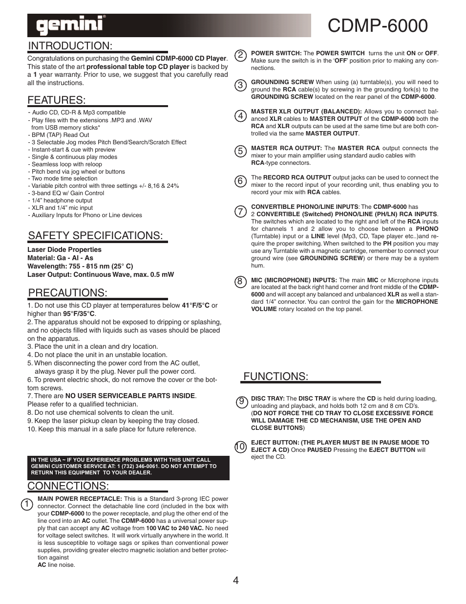 Cdmp-6000, Functions | Gemini TABLE TOP SYSTEM CDMP-6000 User Manual | Page 4 / 22