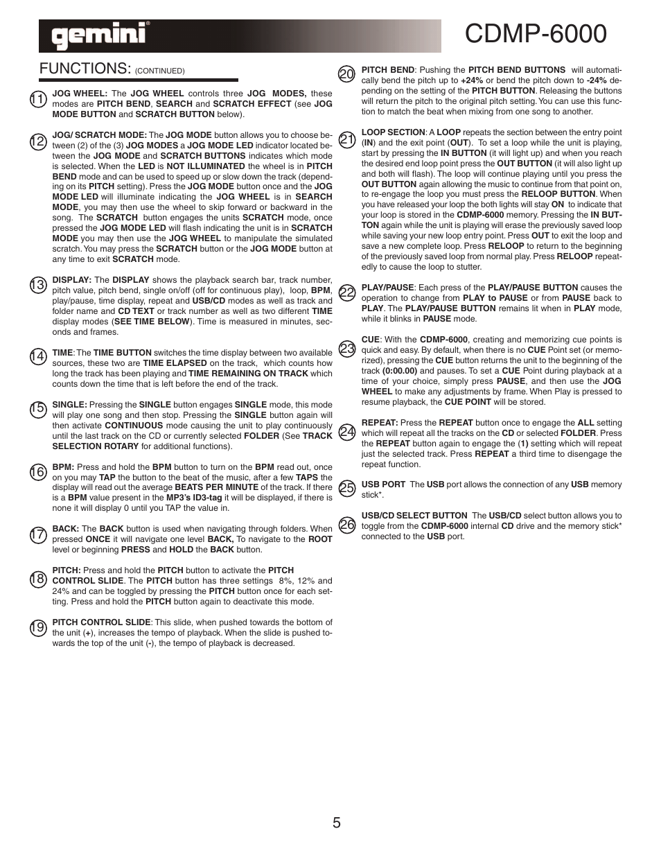 Cdmp-6000, Functions | Gemini TABLE TOP SYSTEM CDMP-6000 User Manual | Page 5 / 22