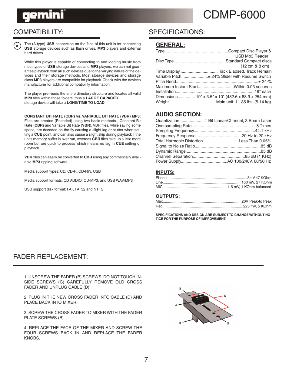 Cdmp-6000, Specifications, Compatibility | Fader replacement: 7 | Gemini TABLE TOP SYSTEM CDMP-6000 User Manual | Page 7 / 22