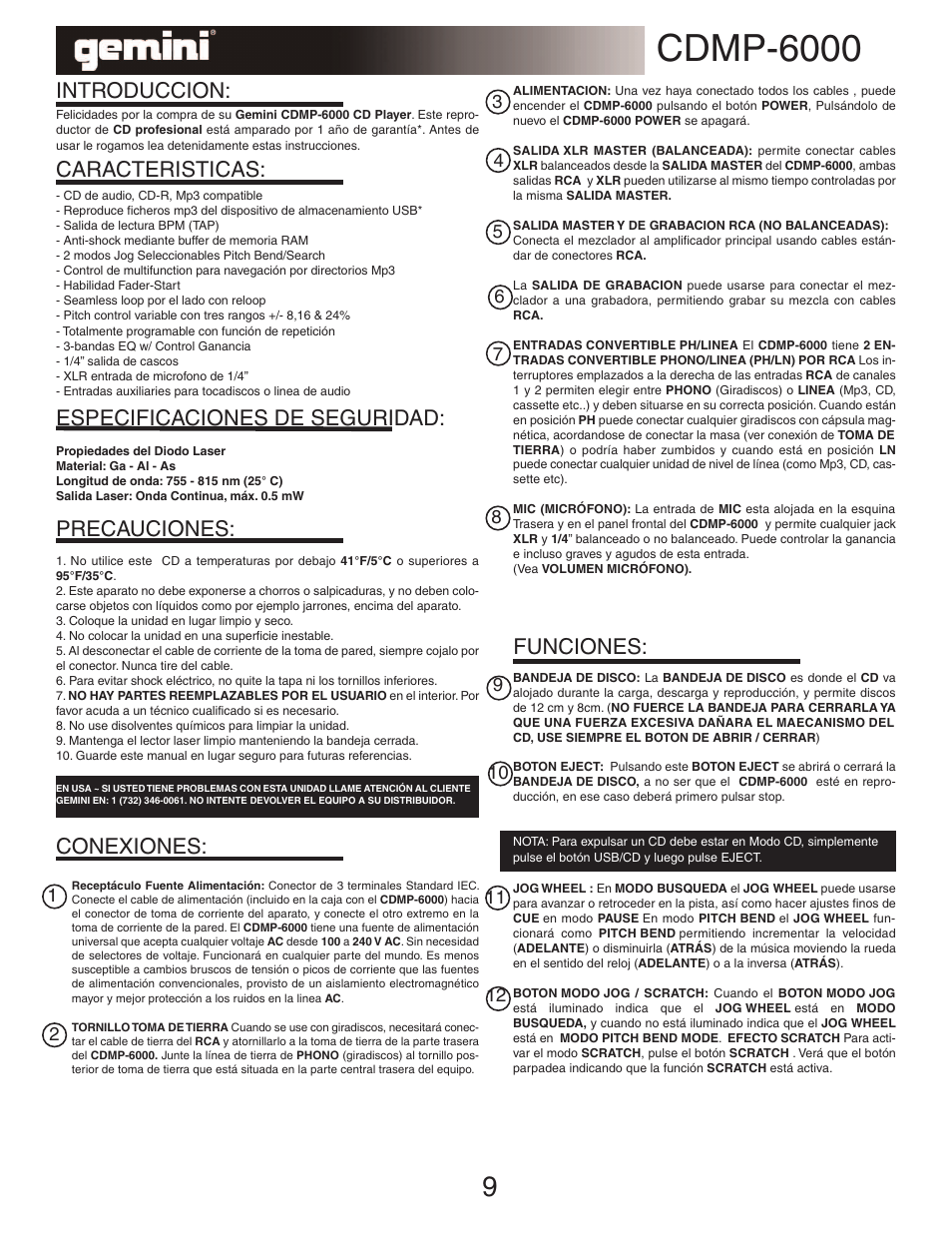 Cdmp-6000, Introduccion, Funciones | Gemini TABLE TOP SYSTEM CDMP-6000 User Manual | Page 9 / 22