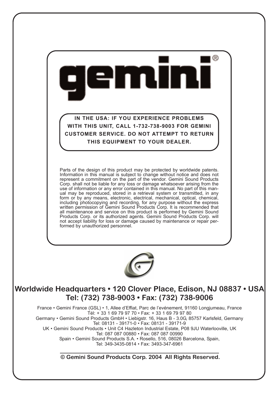 Gemini TT-04 User Manual | Page 16 / 16