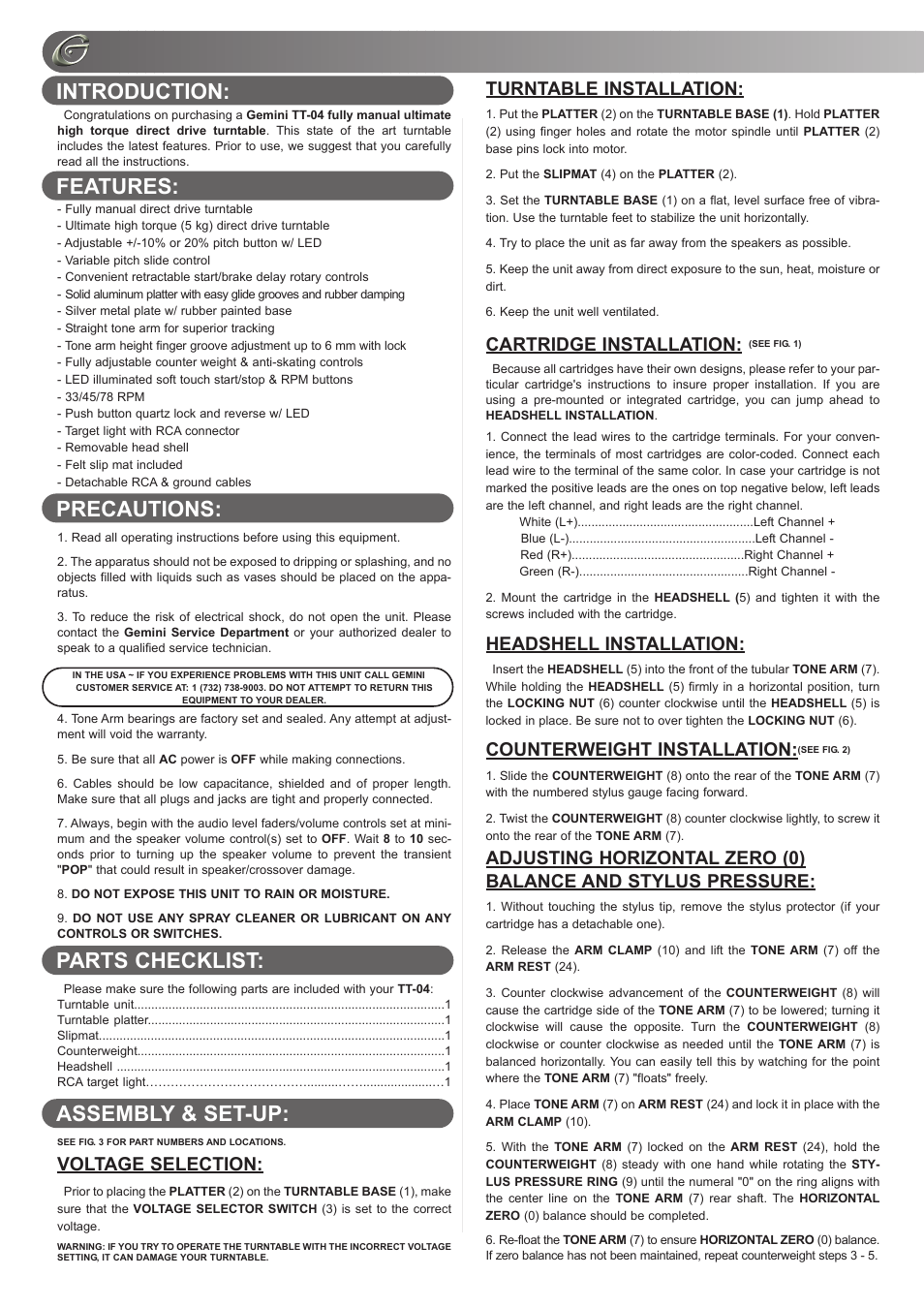 Voltage selection, Turntable installation, Cartridge installation | Headshell installation, Counterweight installation | Gemini TT-04 User Manual | Page 4 / 16