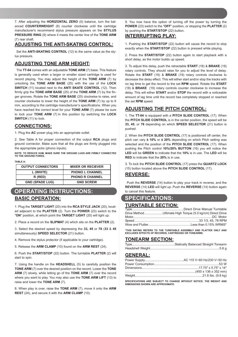 Operating instructions: specifications | Gemini TT-04 User Manual | Page 5 / 16