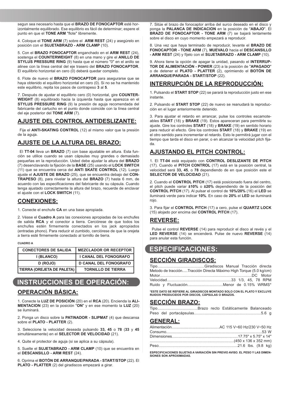 Especificaciones: instrucciones de operación | Gemini TT-04 User Manual | Page 9 / 16