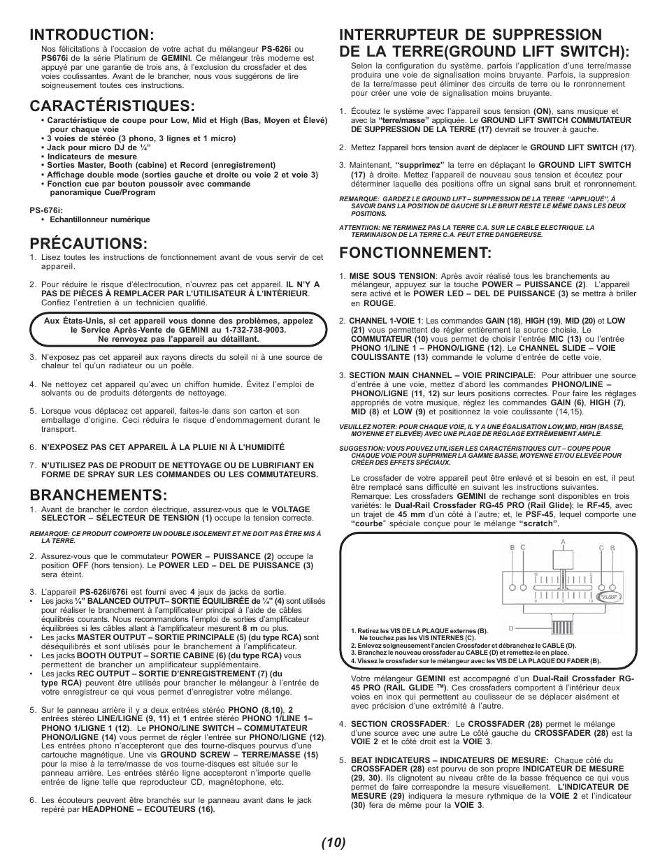 Introduction, Caractéristiques, Précautions | Branchements, Fonctionnement | Gemini PS-676i User Manual | Page 10 / 12