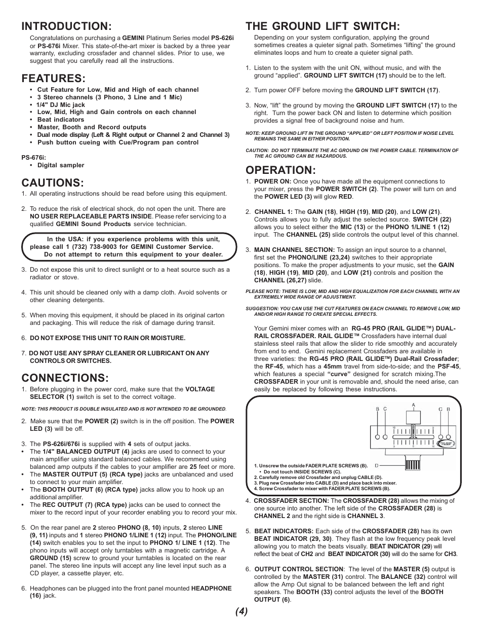 Introduction, Features, Cautions | Connections, The ground lift switch, Operation | Gemini PS-676i User Manual | Page 4 / 12