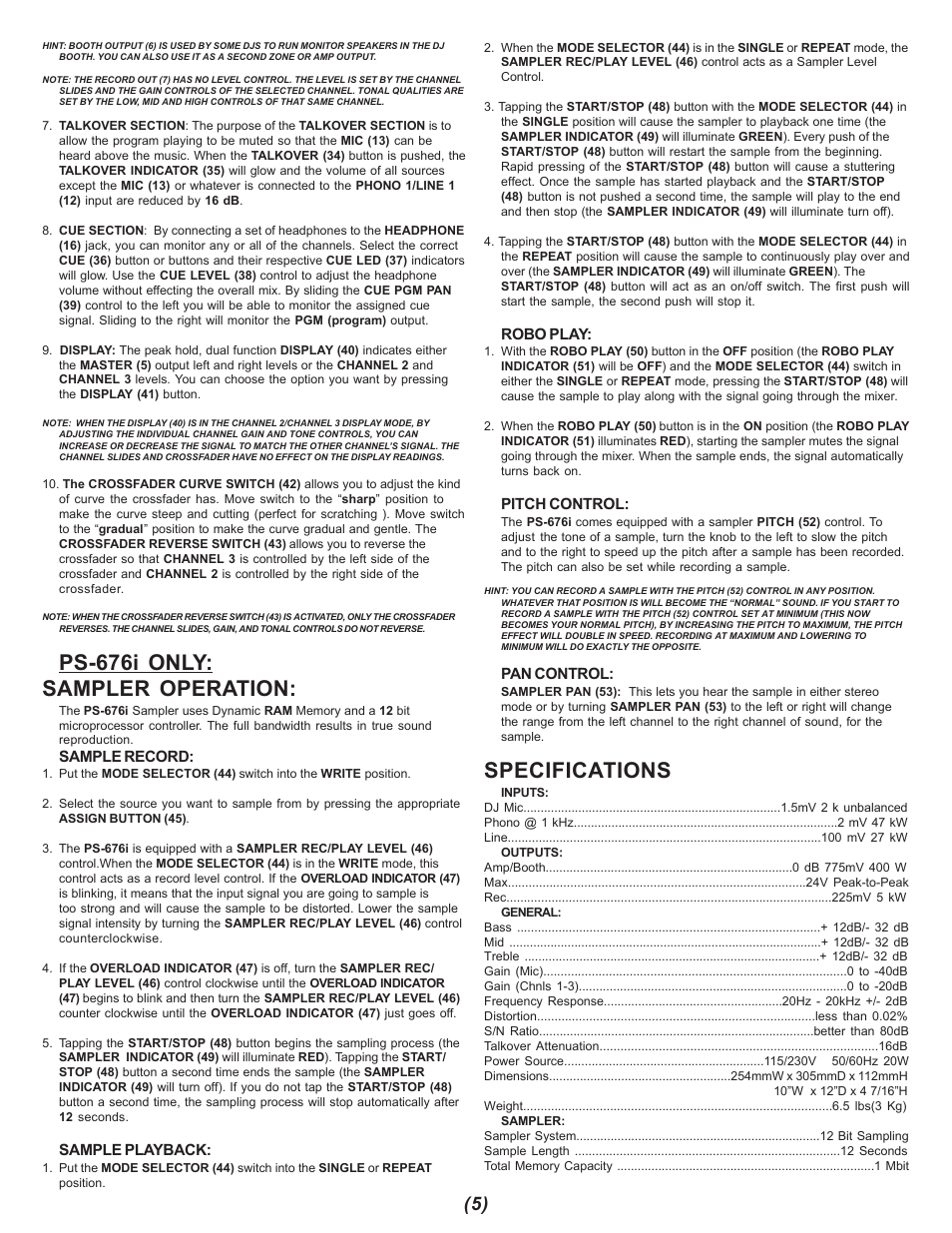 Ps-676i only: sampler operation, Specifications | Gemini PS-676i User Manual | Page 5 / 12