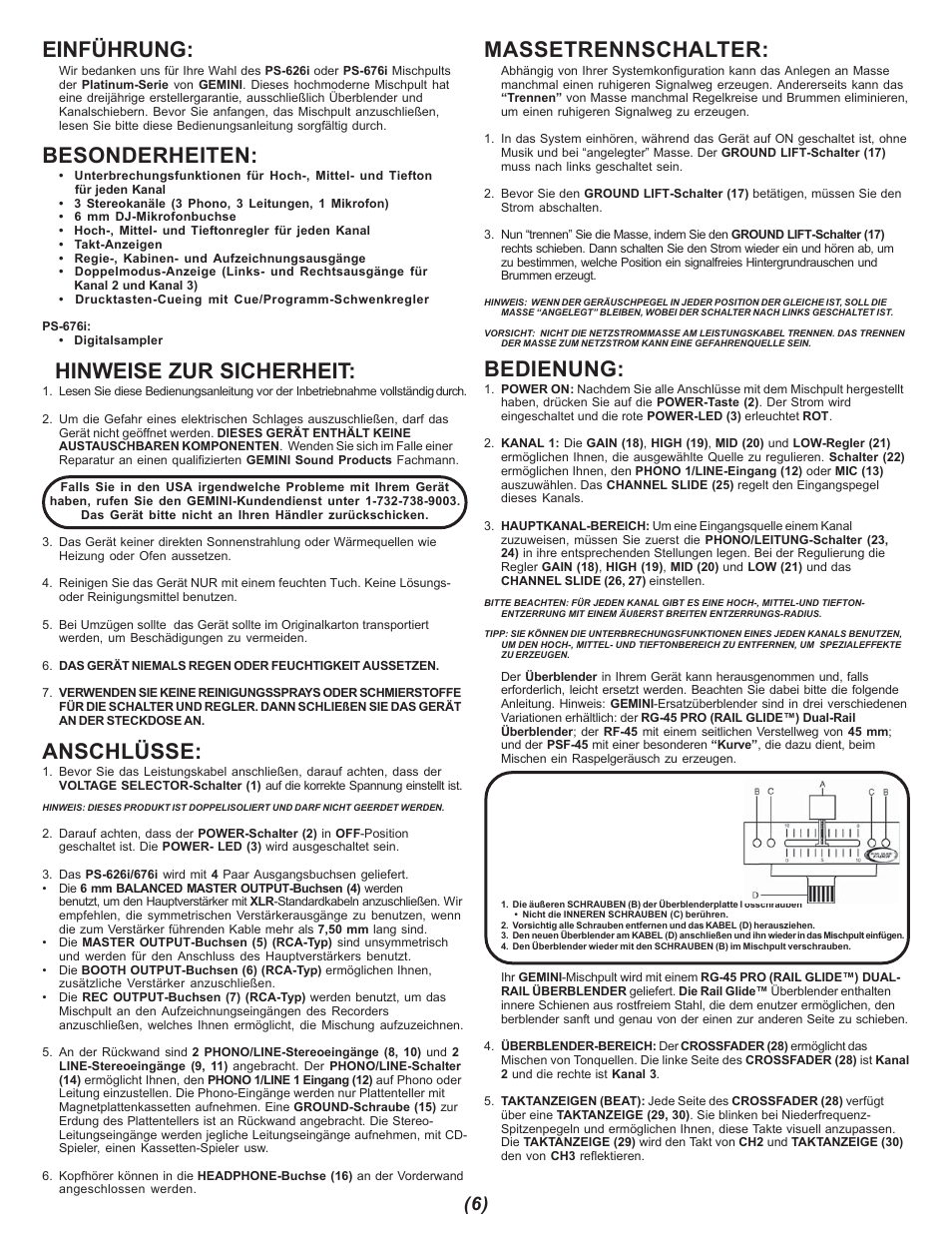 Einführung, Besonderheiten, Hinweise zur sicherheit | Anschlüsse, Massetrennschalter, Bedienung | Gemini PS-676i User Manual | Page 6 / 12