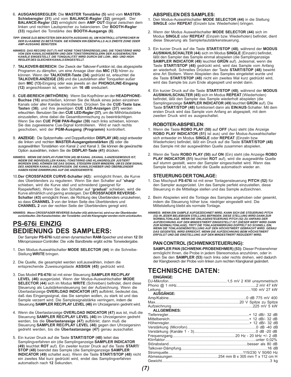 Ps-676i einzig bedienung des samplers, Technische daten | Gemini PS-676i User Manual | Page 7 / 12