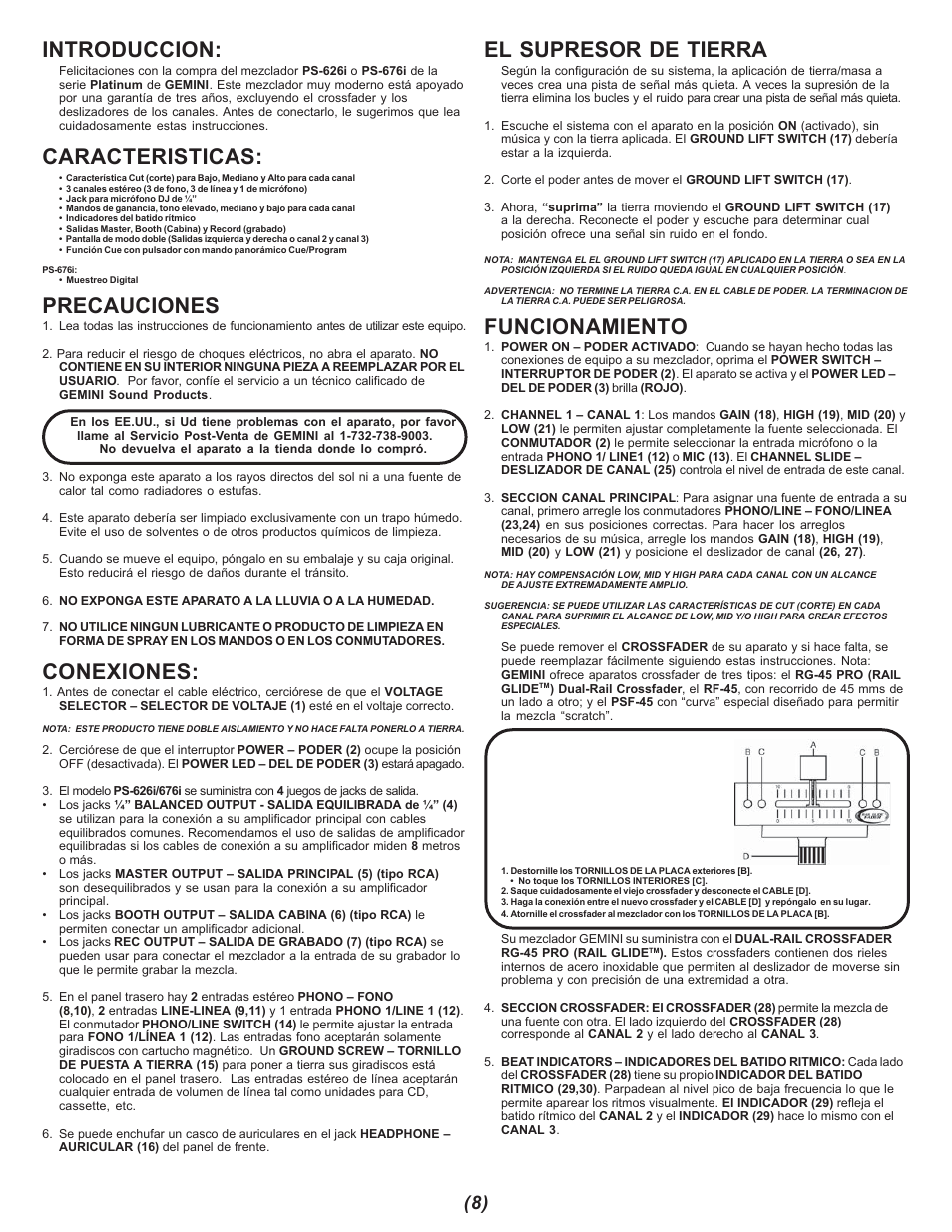 Introduccion, Caracteristicas, Precauciones | Conexiones, El supresor de tierra, Funcionamiento | Gemini PS-676i User Manual | Page 8 / 12