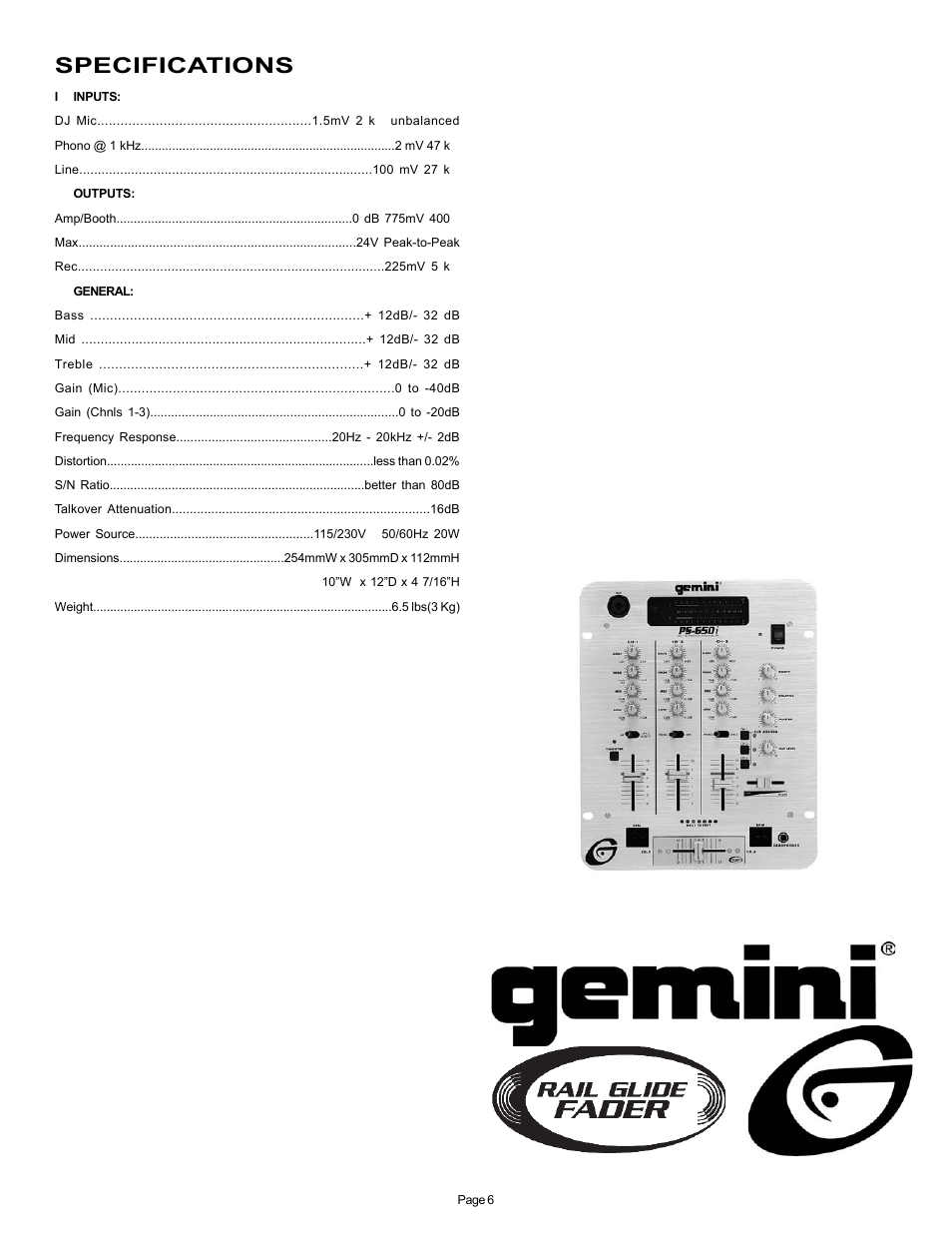 Specifications | Gemini PS-650I User Manual | Page 6 / 7