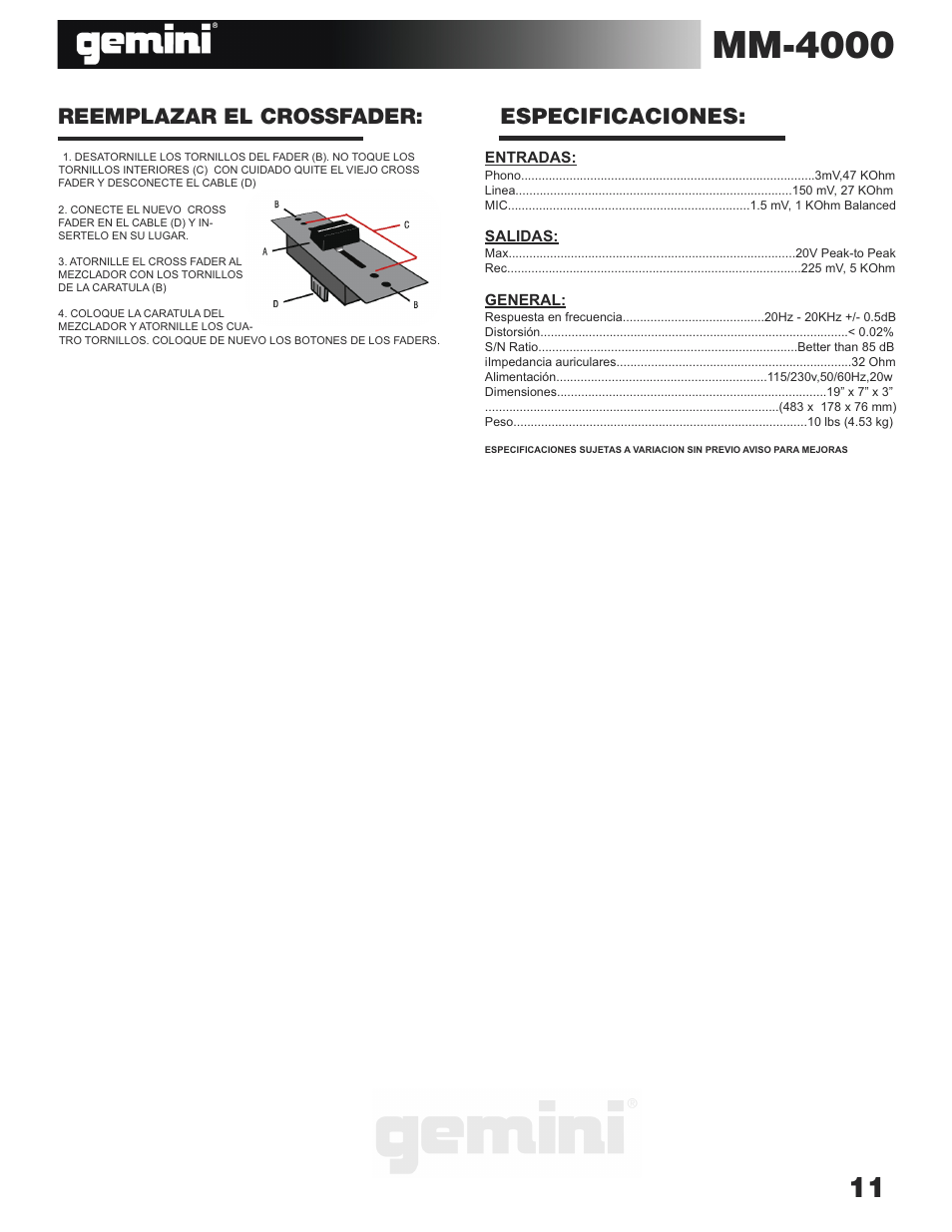 Mm-4000, Reemplazar el crossfader: especificaciones | Gemini MM-4000 User Manual | Page 11 / 23