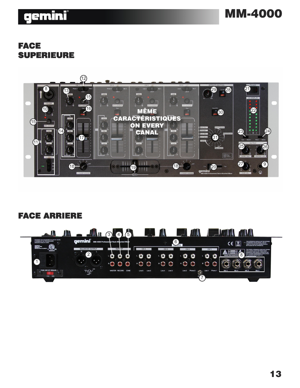 Mm-4000, Face superieure face arriere | Gemini MM-4000 User Manual | Page 13 / 23