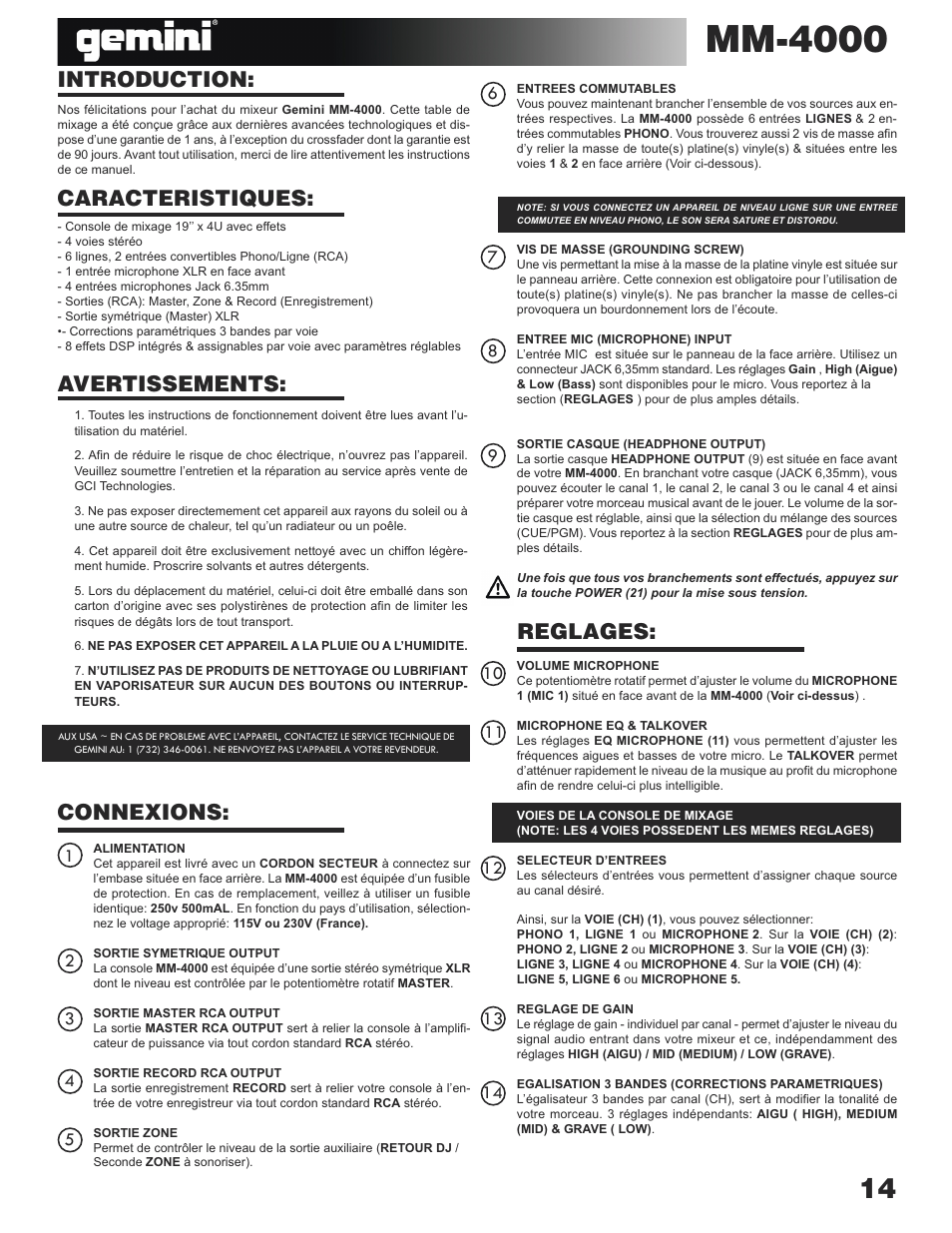 Mm-4000, Reglages | Gemini MM-4000 User Manual | Page 14 / 23