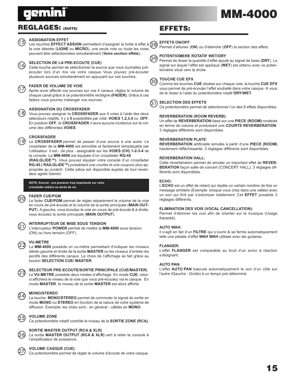 Mm-4000, Reglages, Effets | Gemini MM-4000 User Manual | Page 15 / 23