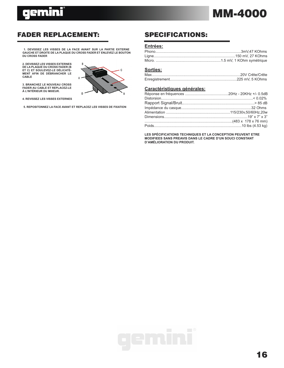 Mm-4000, Fader replacement: specifications | Gemini MM-4000 User Manual | Page 16 / 23