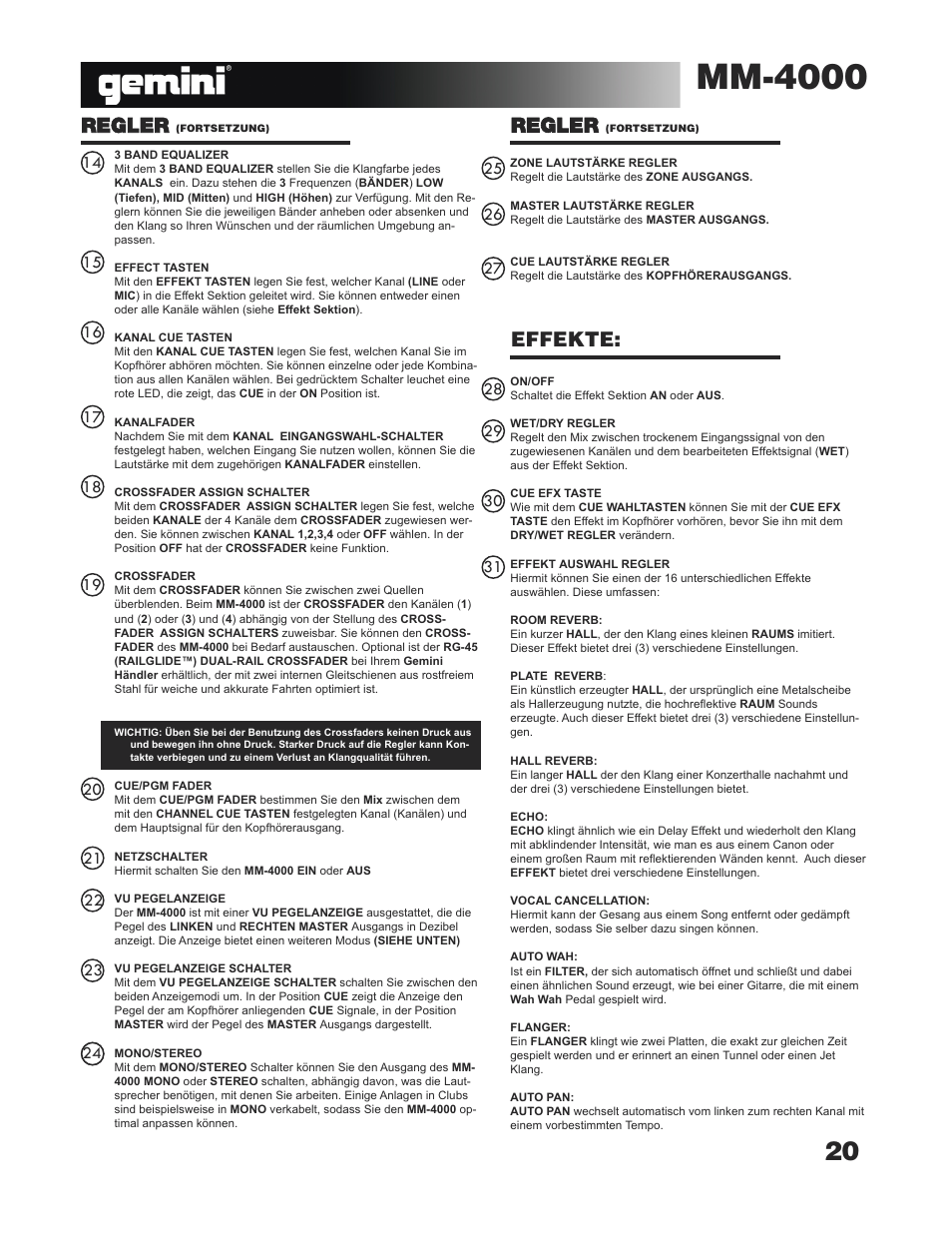 Mm-4000, Regler, Effekte | Gemini MM-4000 User Manual | Page 20 / 23