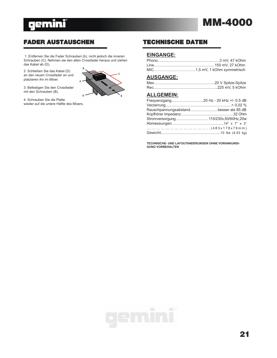 Mm-4000, Fader austauschen technische daten | Gemini MM-4000 User Manual | Page 21 / 23