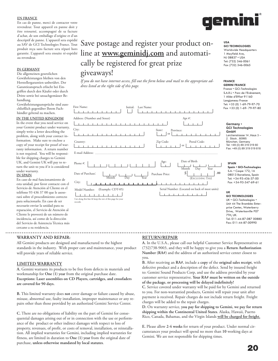 Warranty and repair, Limited warranty, Return/repair | Gemini MM-4000 User Manual | Page 22 / 23