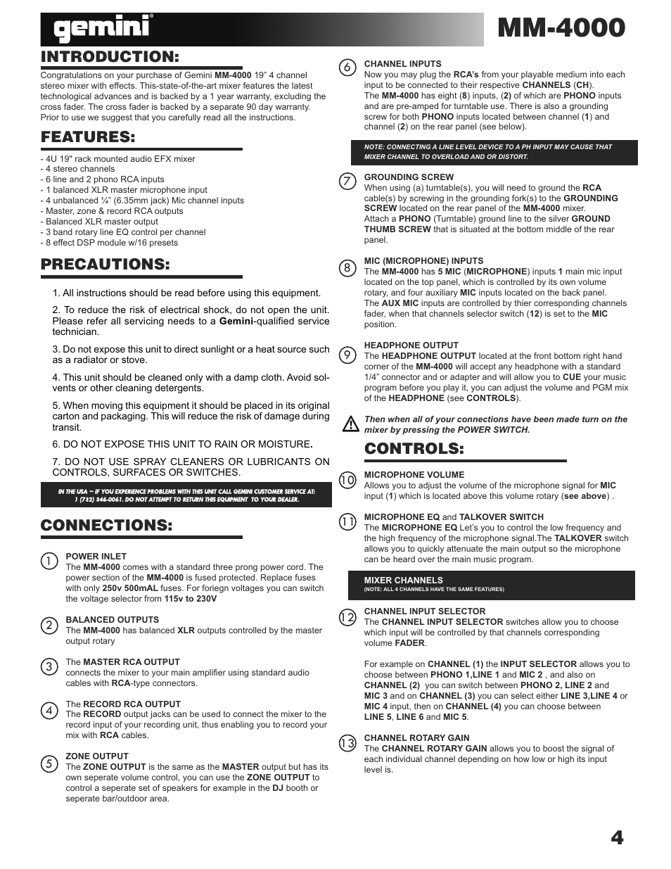 Mm-4000, Introduction, Features: connections | Controls, Precautions | Gemini MM-4000 User Manual | Page 4 / 23