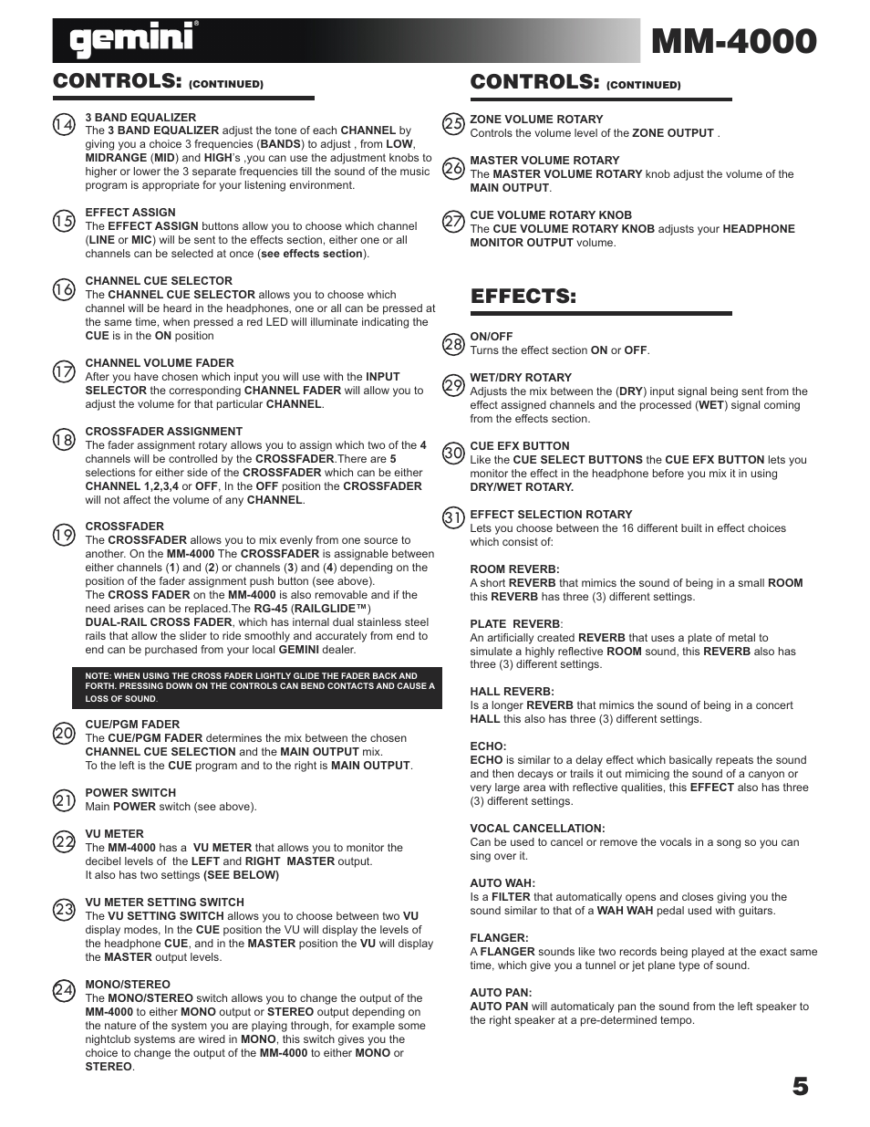 Mm-4000, Controls, Effects | Gemini MM-4000 User Manual | Page 5 / 23